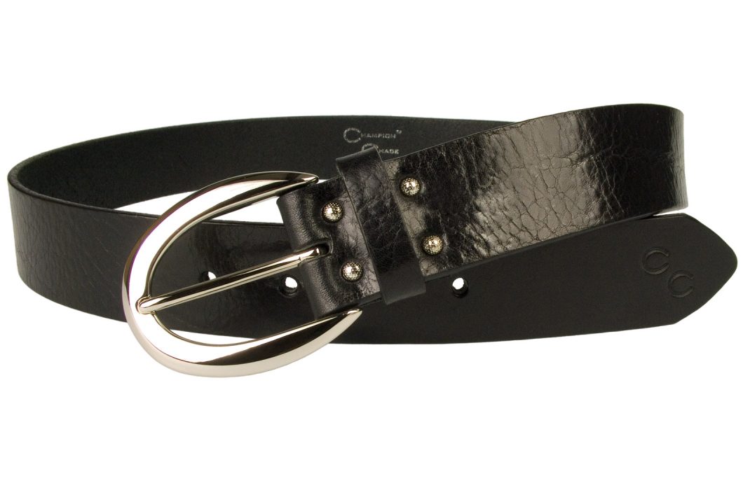 Womens Black Leather Jeans Belt. Made In UK. Solid Brass Shiny Nickel Plated Buckle