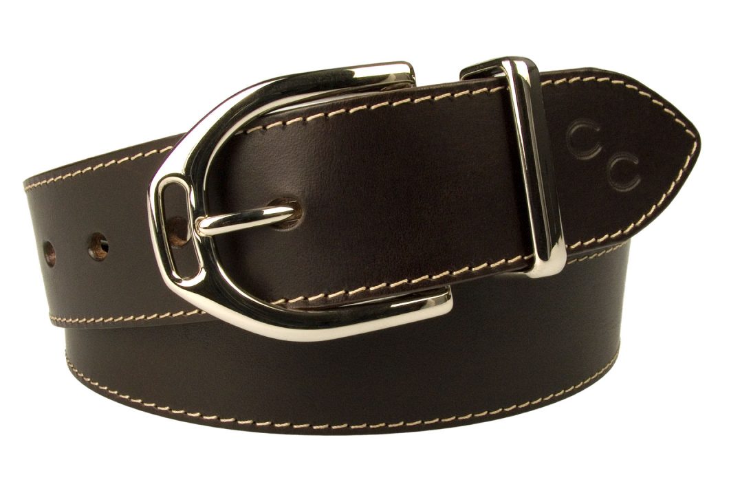 Womens Stirrup Buckle Belt. 4 cm Wide. High quality Solid Brass Buckle with high shine nickel plating. Natural Oat coloured stitched edge and shiny nickel plated solid brass keeper. Italian Full Grain Brown Leather. Made In UK by Skilled British Craftsmen
