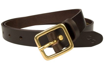 Narrow Leather Belt - Dark Brown- Solid Brass Buckle. Made In UK By Skilled British Craftsmen. A rich dark brown high quality womens leather belt with solid brass centre bar buckle. Ornate gold plated rivet closure and Champion Chase ™ Double Horse Shoe Motif. Full grain italian vegetable tanned leather and high quality solid brass buckle (lacquered to prevent tarnishing). 1 inch Wide (2.5cm). Leather thickness approx 3mm.