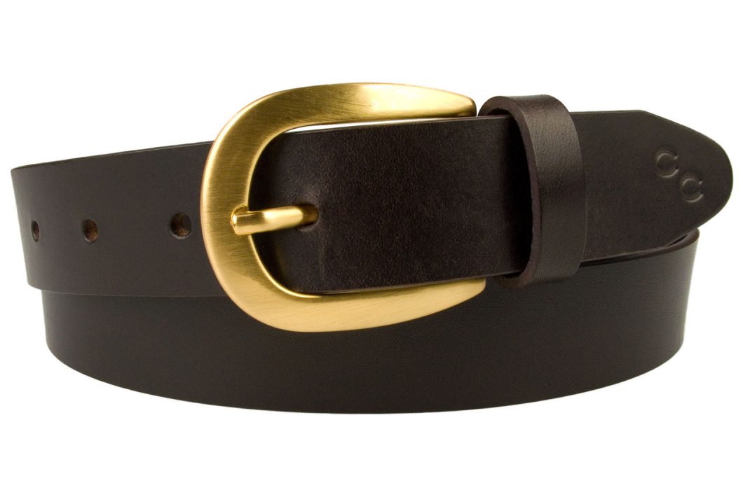 Dark Havana Brown Leather Belt Gold Plated Buckle Made In UK. Italian Full Grain Vegetable Tanned Leather with a Lacquered buckle to protect the gold plating. 3cm Wide.