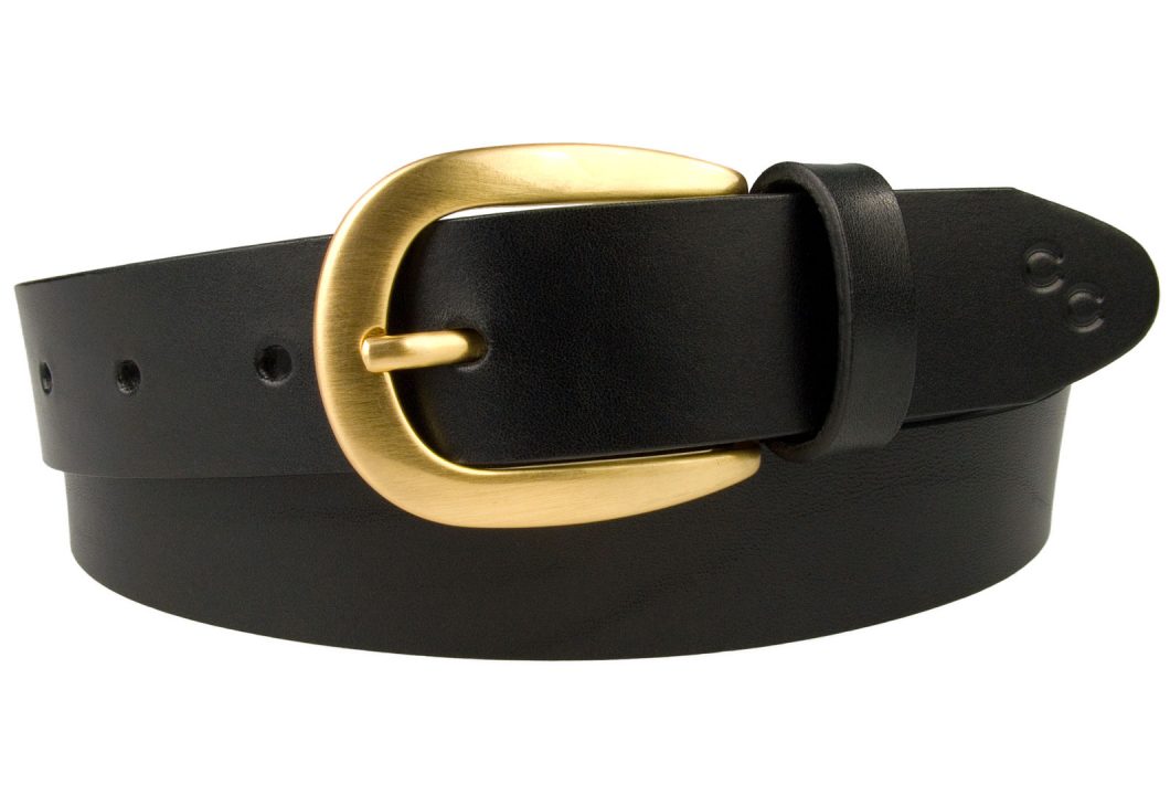 Womens Black Leather Belt With Gold Buckle. Made In UK with high quality Italian fullgrain vegetable tanned leather and hand brushed gold plated buckle. Lacquered for added protection.