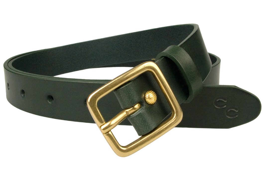 Narrow Green Leather Belt 2.5 cm Wide. High quality leather belt made In UK by skilled British Craftsmen. Italian Full Grain Leather and Italian made solid brass buckle with lacquer to prevent tarnishing. Free sliding loop so belt tip can be held against the waist line when worn over a dress or loose top etc.