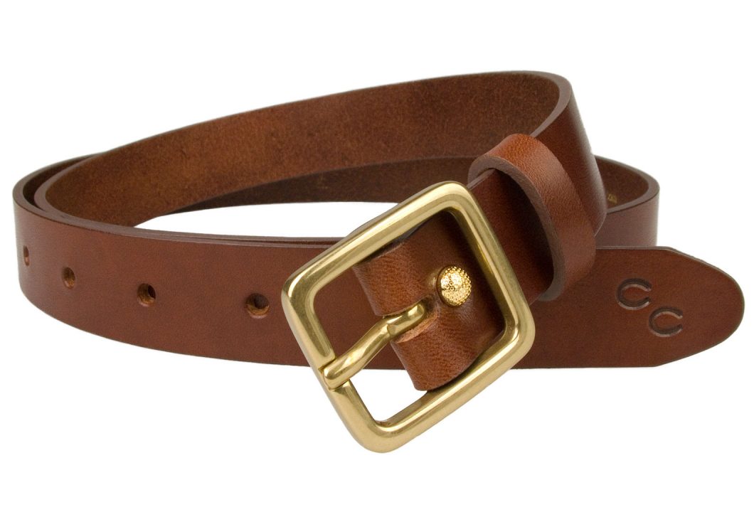 Womens Leather Belt Light Chestnut Solid Brass Buckle 2.5cm Wide. Made in UK with full grain Italian vegetable tanned leather and a lacquered solid brass buckle. The lacquer protects the buckle from tarnishing.