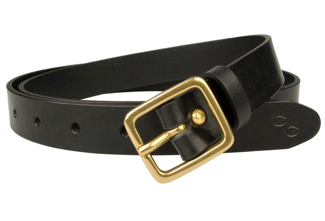 Womens Narrow Black Leather Belt Solid Brass Buckle Made In UK