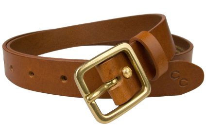 Womens Narrow Tan Leather Belt Solid Brass Buckle