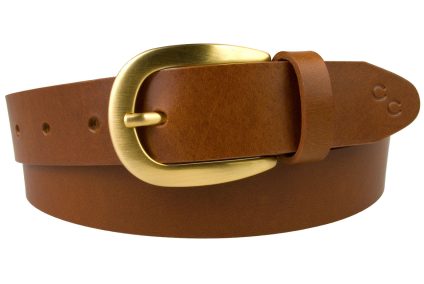Womens Tan Leather Belt With Brushed Gold Buckle. Made In UK with Italian Full Grain Vegetable Tanned Leather. 3 cm Wide.