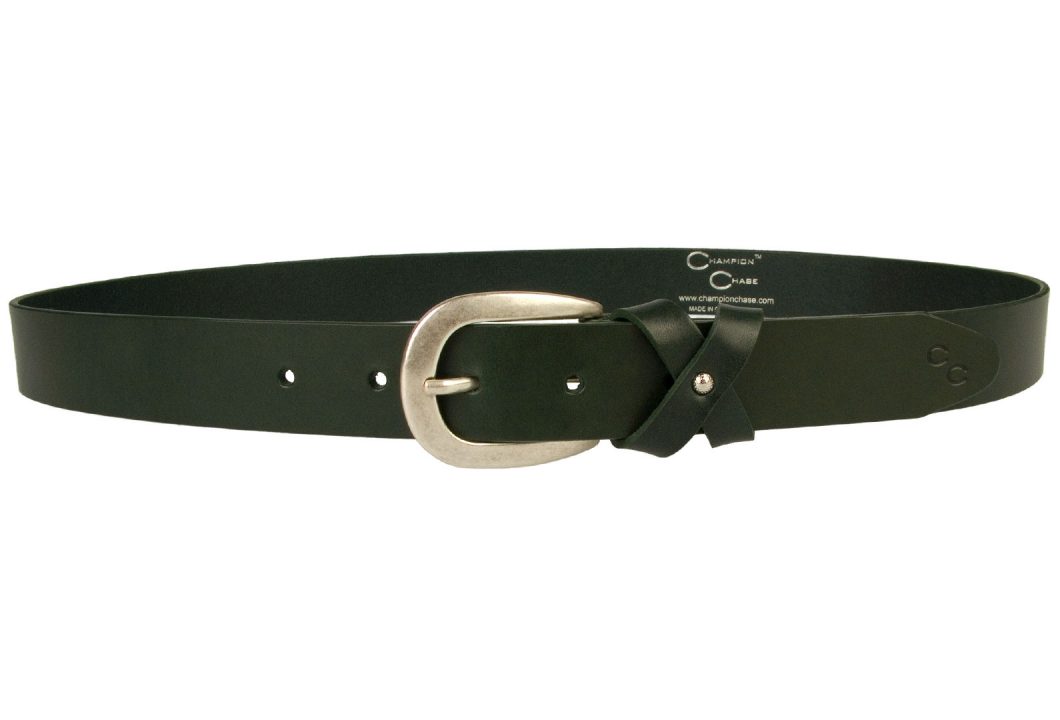Womens Green Leather Belt With Silver Plated Buckle. A high quality British Made Leather Belt with a cross over loop giving a bow effect. Rich bottle green / emerald green Italian full grain vegetable tanned leather. Silver plated buckle with an antique finish and lacquered for protection. 3 cm Wide with five fastening holes and available in several sizes.