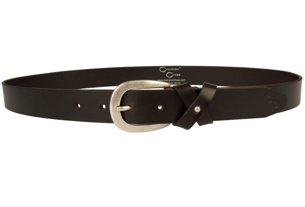 Womens Dark Brown Leather Belt With Decorative Belt Loop. Made In UK By Skilled British Craftsmen. Made with Italian full grain leather and Silver Plated Buckle. 3 cm Wide.
