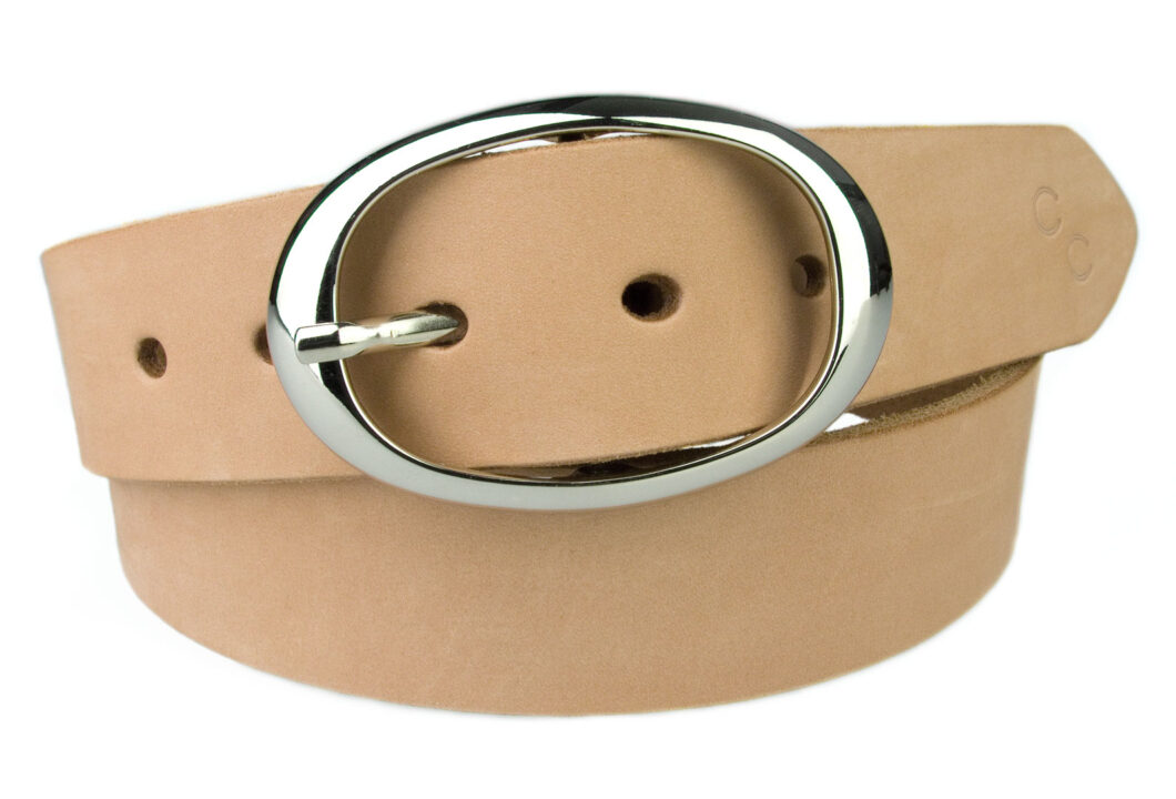 Camel Nubuck Leather Belt With Oval Shaped Buckle Made In UK Left Facing. Champion Chase Double Horse Shoe Motif To Tip of Belt. 4 cm Wide. Leather thickness 3.5 to 4mm.