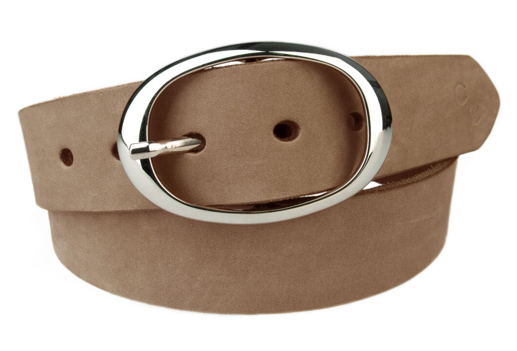 Nubuck Leather Belt In Pastel Cocoa Italian Vegetable Tanned Leather. Oval Shaped Buckle with Bright Silver Tone Buckle. Made In UK by Champion Chase. 3.7cm Wide
