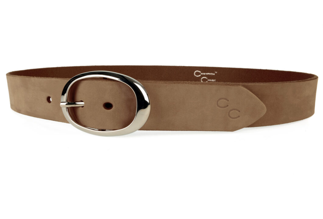 Nubuck Belt In Pastel Cocoa Italian Vegetable Tanned Leather. Oval Shaped Buckle with Bright Silver Tone Buckle. Made In UK by Champion Chase. 3.7cm Wide