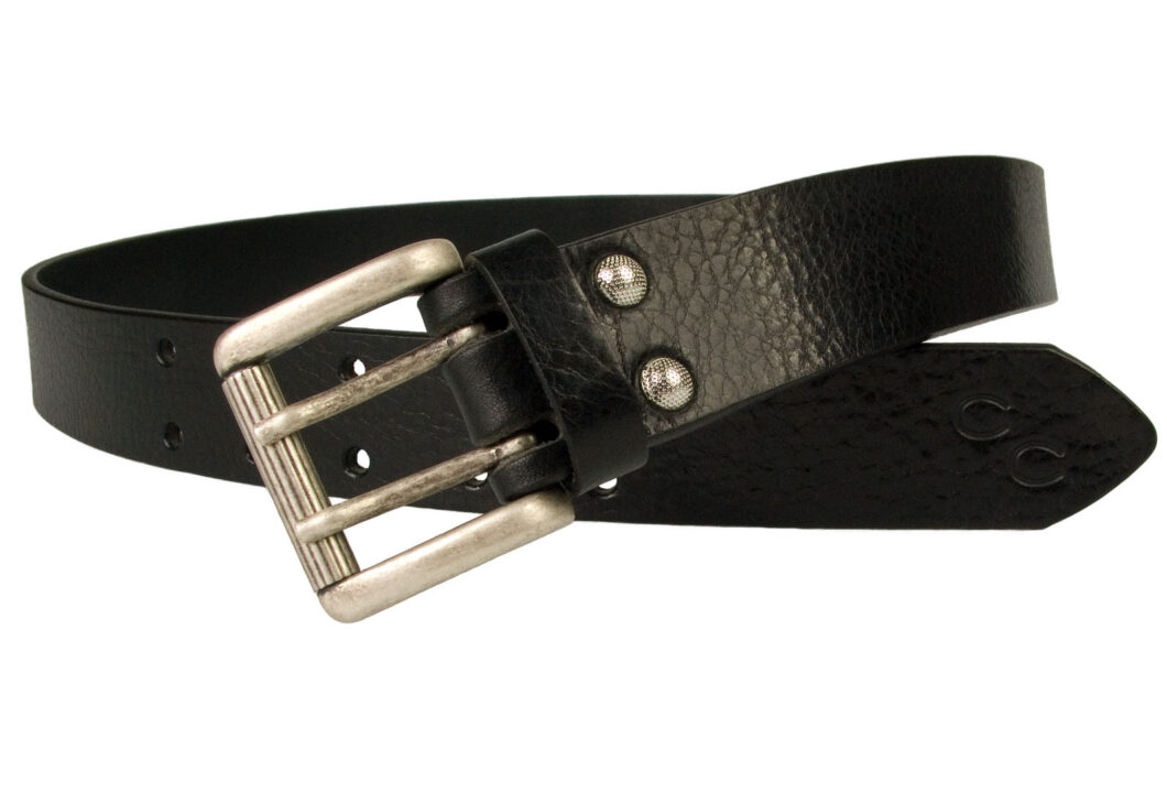 Womens Double Prong Black Leather Jeans Belt. Made In UK. Supple Italian Full Grain Vegetable Tanned Leather. Silver Plated Buckle With Old Silver Tone Finish. 35 mm Wide. Belt thickness approximately 3.5mm.
