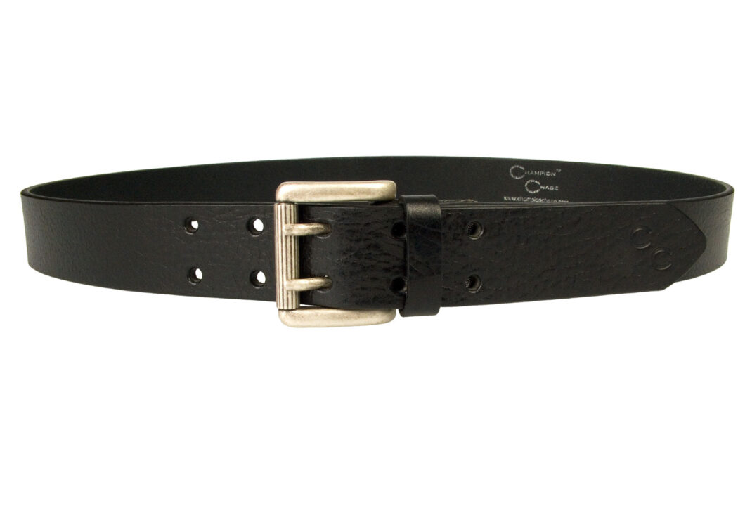 Womens Double Prong Black Leather Jeans Belt. Made In UK. Supple Italian Full Grain Vegetable Tanned Leather. Silver Plated Buckle With Old Silver Tone Finish. 35 mm Wide. Belt thickness approximately 3.5mm.