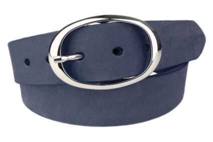 Dark Pastel Blue Leather Belt In Italian Nubuck. Made In UK With High Quality Vegetable Tanned Nubuck Leather. Italian Made Wide Oval Buckle. Belt 3.7cm Wide.