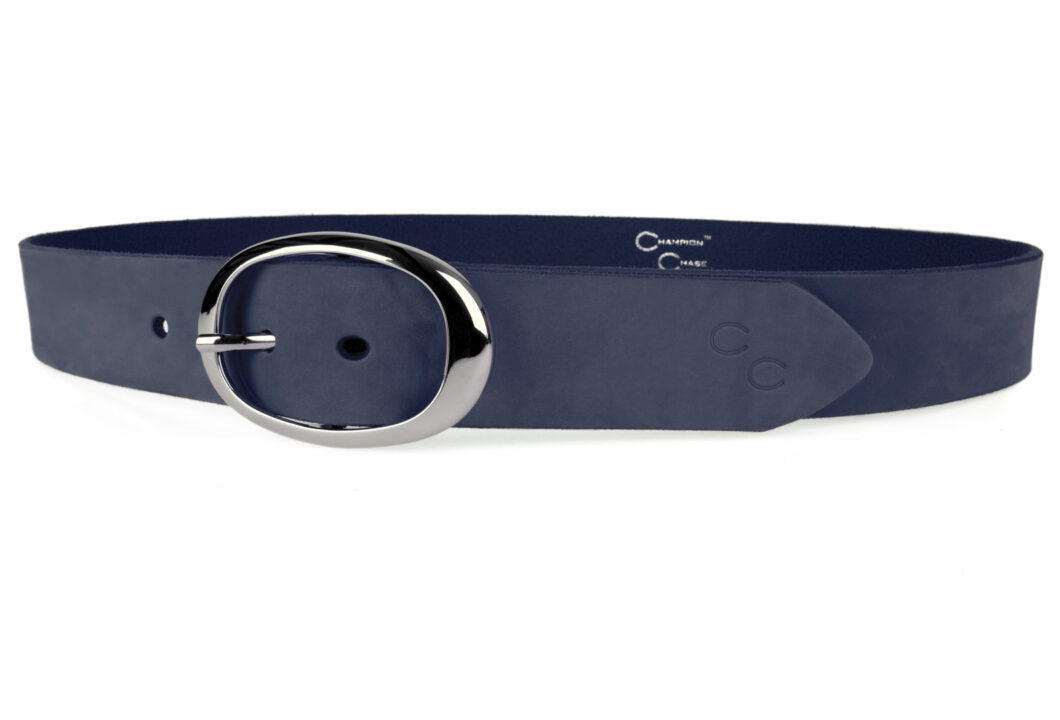 Dark Pastel Blue Leather Belt In Italian Nubuck. Made In UK With High Quality Vegetable Tanned Nubuck Leather. Italian Made Wide Oval Buckle. Belt 3.7cm Wide.